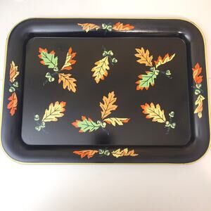 Vintage Black Metal Tray Autumn Oak Leaves Acorns Serving Kitchen Decor